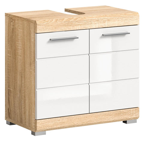 Rootz Lambada Washbasin Cabinet - Bathroom Furniture - Sonoma Oak - White High Gloss - Space-Saving - Sustainable - Approx. 60x56x34 cm