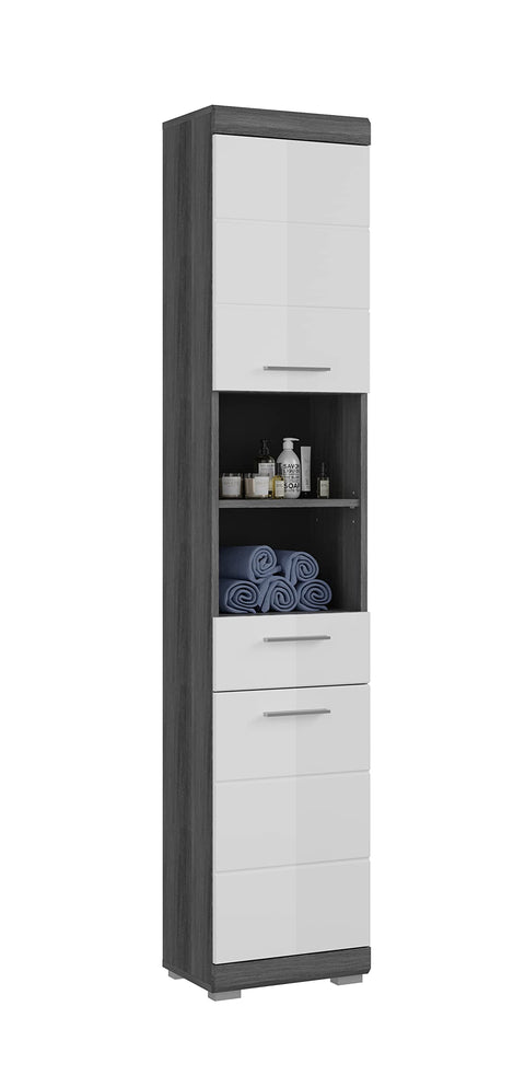 Rootz Scout Tall Bathroom Cabinet - Wood Material - White High-Gloss Fronts - Smoked Silver - 37cm x 191cm x 31cm