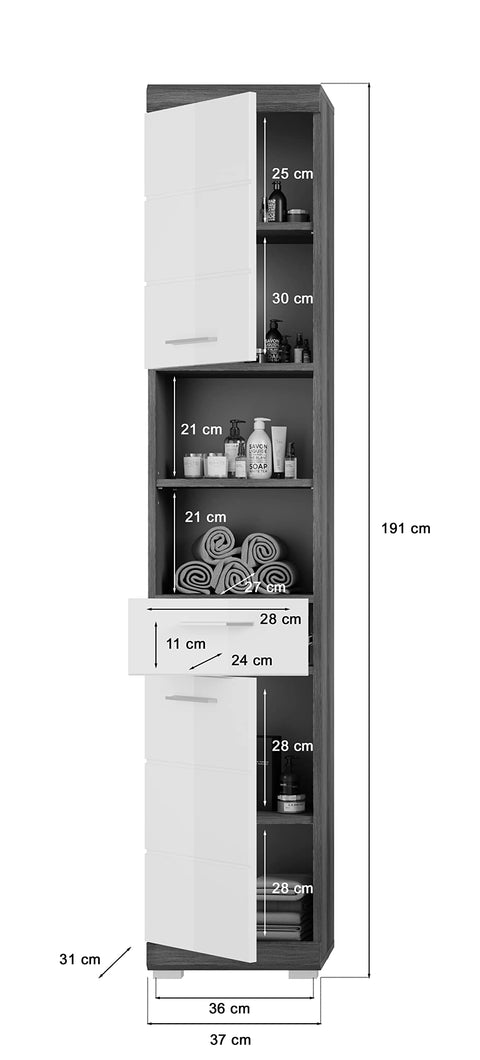 Rootz Scout Tall Bathroom Cabinet - Wood Material - White High-Gloss Fronts - Smoked Silver - 37cm x 191cm x 31cm