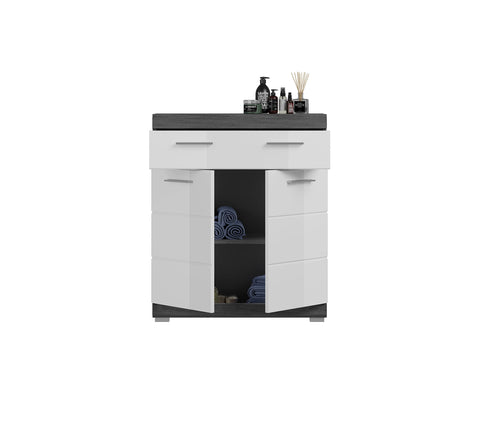 Rootz Bathroom Furniture - Wide Chest of Drawers - Modern Vanity - White High-Gloss - Smoked Silver - 74cm x 88cm x 31cm