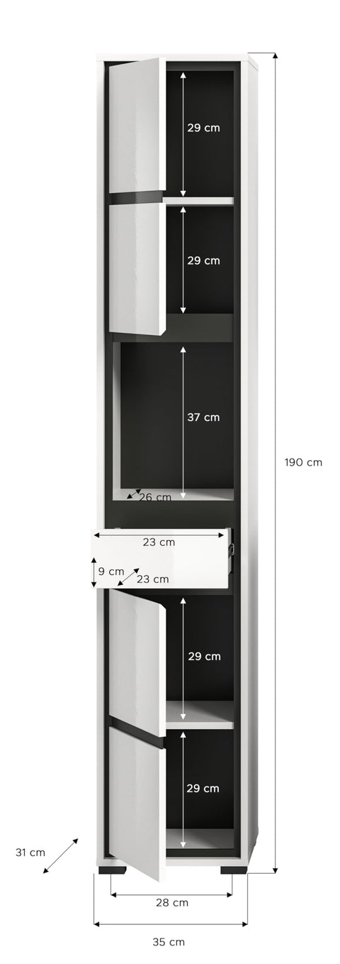 Rootz Tall White Gloss Bathroom Cabinet - High Gloss Tall Cupboard - White Bathroom Organizer - 35cm x 190cm x 31cm