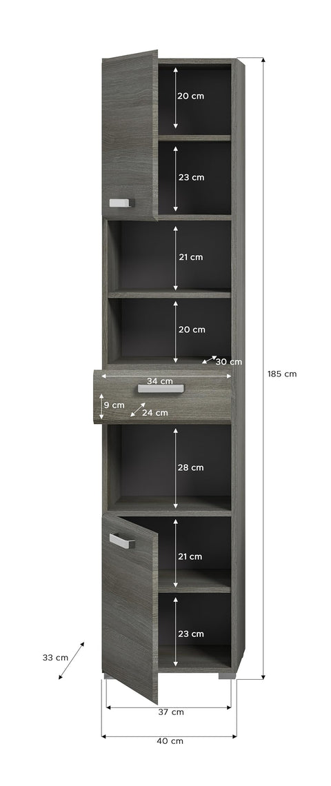 Rootz Silver Tall Cabinet - Smoked Silver Bathroom Furniture - Wooden Material - Modular Design - 40cm x 185cm x 33cm