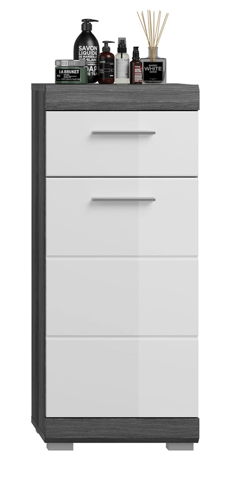Rootz Bathroom Narrow Chest of Drawers - Wood Material - White High-Gloss Fronts - Smoked Silver Body - Compact - 37 x 88 x 31 cm