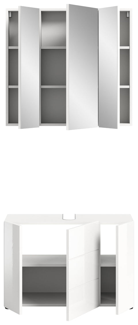 Rootz Vira 2 Piece Set Bathroom Furniture - Vanity Set - White Gloss - Spacious Storage - Approx. 82cm x 190cm x 34cm