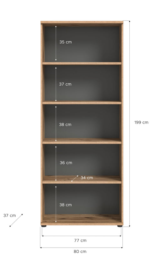 Rootz Wide Mason Shelf - Home Office Storage - Organizer Rack - Timeless Design - Nox Oak - Basalt Gray - 80cm x 199cm x 37cm