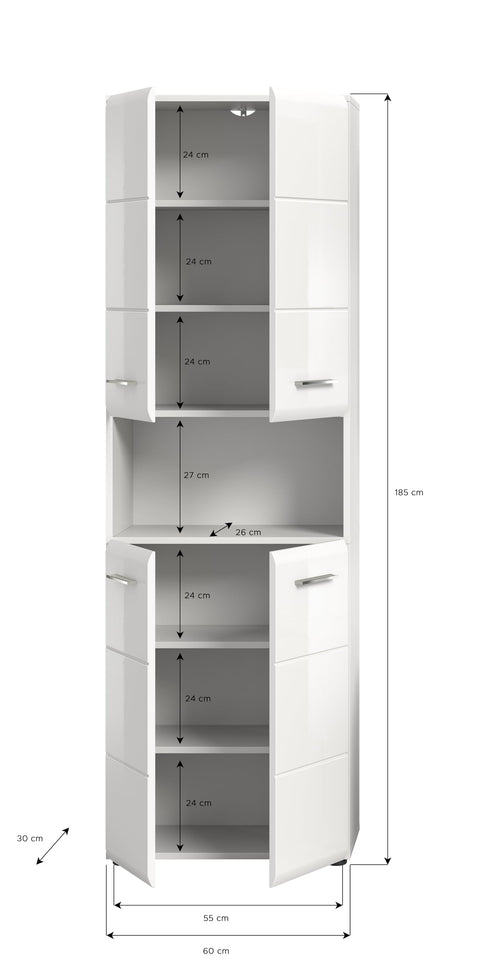 Rootz Tall Bathroom Cabinet - White High Gloss - Storage Tower - Elegant Design - 60cm x 185cm x 30cm