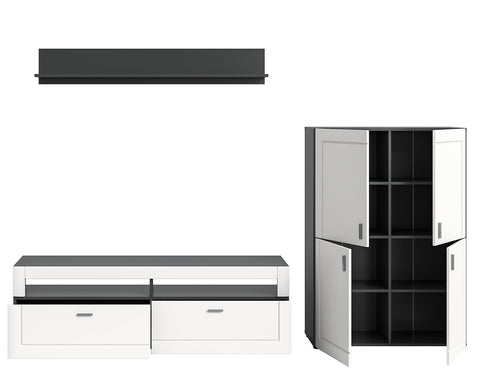 Rootz Wood 3-Piece Living Set - Grey/White Matt - Systematic Living - FSC Certified - Highboard - TV Lowboard - Wall Shelf - 120cm x 40cm x 180cm