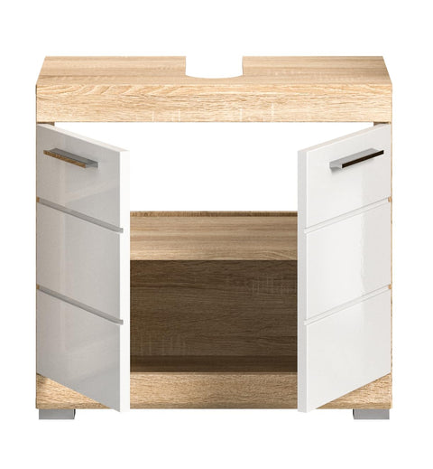 Rootz Lambada Washbasin Cabinet - Bathroom Furniture - Sonoma Oak - White High Gloss - Space-Saving - Sustainable - Approx. 60x56x34 cm