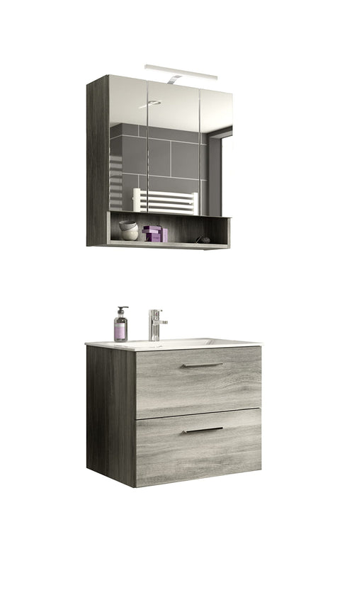 Rootz Bathroom Furniture Set - Vanity Unit - Washbasin Cabinet - Mirror Cabinet - Wood Material - Smoke Silver - 60cm x 150cm