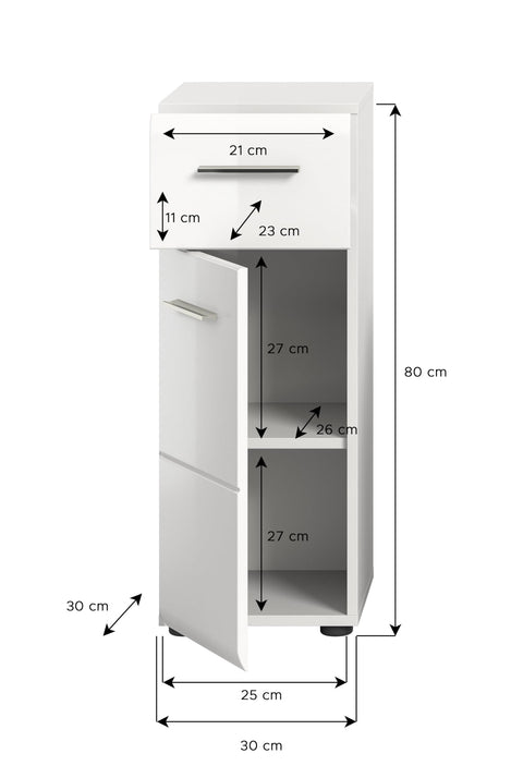 Rootz White High Gloss Standing Cabinet - Tall Cabinet - Bathroom Organizer - Modern Design - 30cm x 80cm x 30cm