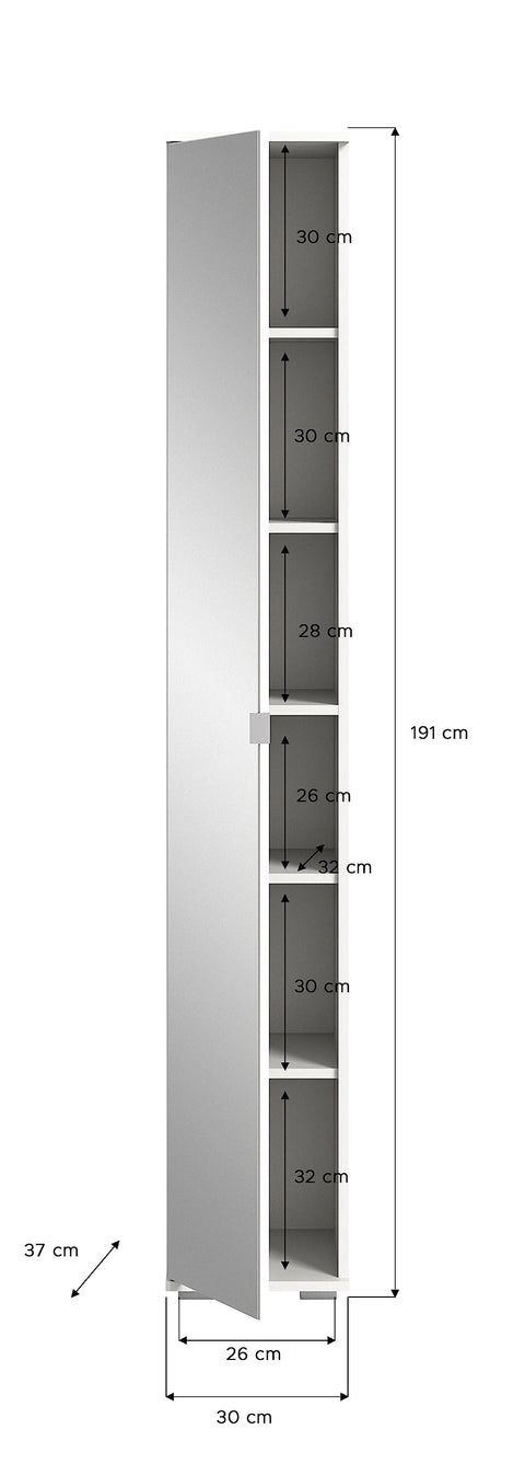 Rootz White Mirror Cabinet - Wardrobe - High-Gloss Body - Modern Design - 30cm x 191cm x 37cm