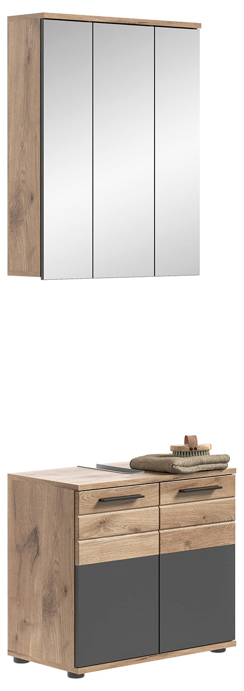 Rootz Bathroom Furniture Set - Vanity unit - 3 Piece Vanity Set - Wood material - Basalt Gray Replica - Nox Oak Replica - Dimensions: Medium