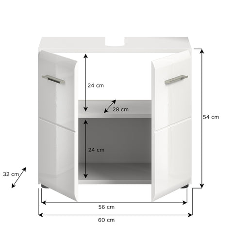 Rootz White High Gloss Sink Base Cabinet - Bathroom Vanity - Wood Vanity Unit - Under Sink Storage - 60cm x 54cm x 32cm - FSC Certified Wood