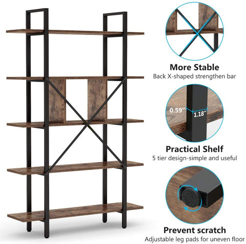 Rootz 5 Tier Bookshelf - Storage Shelf - Industrial Bookcase - Holds 55lbs per Shelf - 33cm D x 105cm W x 180cm H