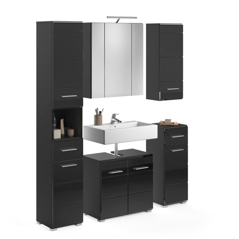 Rootz Bathroom Furniture Set - Linus Collection - Black High Gloss - 5-Piece Bath Set - Includes Lighting - Modern Design - 120cm x 70cm x 50cm