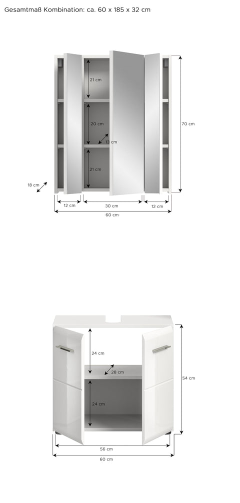 Rootz 2-Piece Set White High Gloss Bathroom Furniture - Vanity Set - Glossy Finish - Space-Saving - 60cm x 190cm x 32cm