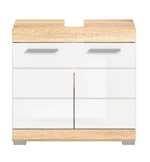 Rootz Lambada Washbasin Cabinet - Bathroom Furniture - Sonoma Oak - White High Gloss - Space-Saving - Sustainable - Approx. 60x56x34 cm