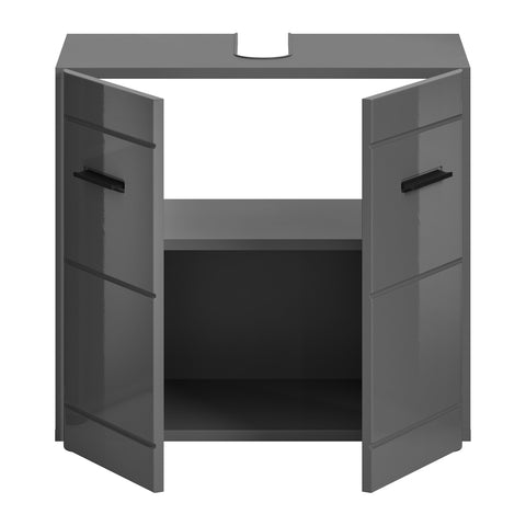 Rootz Sink Base Cabinet - Gray Glossy MDF Vanity - Bathroom Cupboard - Generous Storage - 60cm x 56cm x 34cm