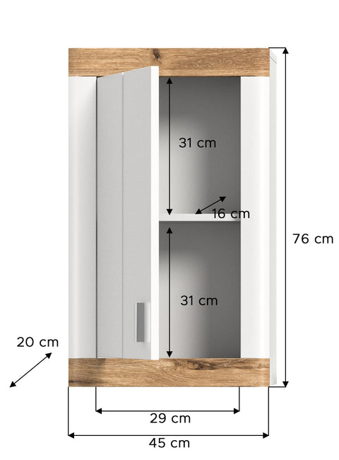 Rootz Laredo Wall Cabinet - Bathroom Furniture - Wood Material - White - System with 1 Door 1 Shelf - Approx. 45x76x20 cm