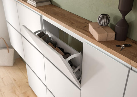 Rootz Shoe Tipper - White Shoe Rack - Nox Oak Decor - 1 Door - 3 Flaps - 95cm x 65cm x 120cm