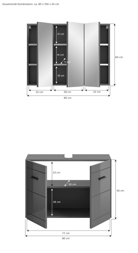 Rootz 2-Piece Gray MDF Bathroom Combination - Vanity Set - Storage Solution - High Quality - 80cm x 190cm x 34cm