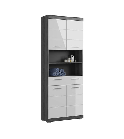 Rootz Scout Tall Cabinet - Bathroom Storage - Wood Material - White High-Gloss Fronts - Smoked Silver Body - 74cm x 191cm x 31cm