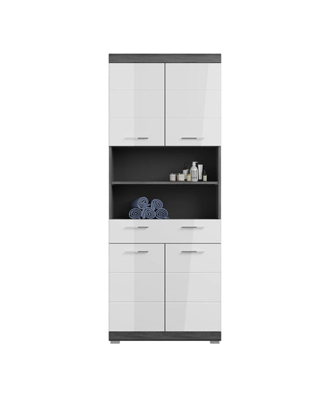 Rootz Scout Tall Cabinet - Bathroom Storage - Wood Material - White High-Gloss Fronts - Smoked Silver Body - 74cm x 191cm x 31cm