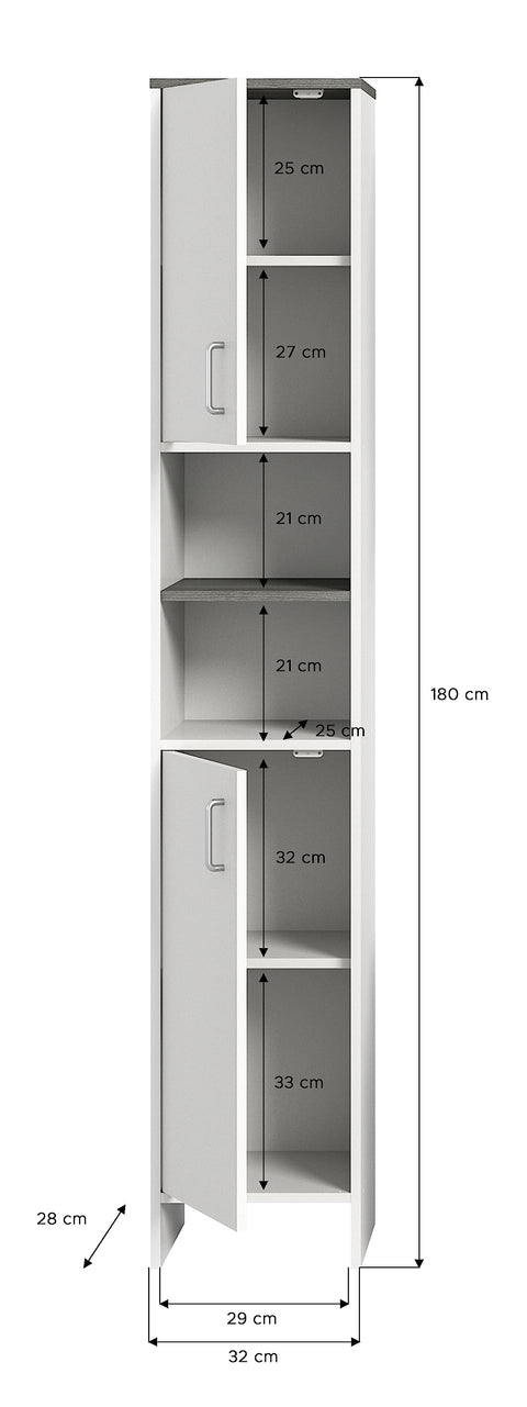 Rootz Los Angeles Tall Cabinet - Bathroom Furniture - Wood Material - White - Timeless Design - 32cm x 180cm x 28cm