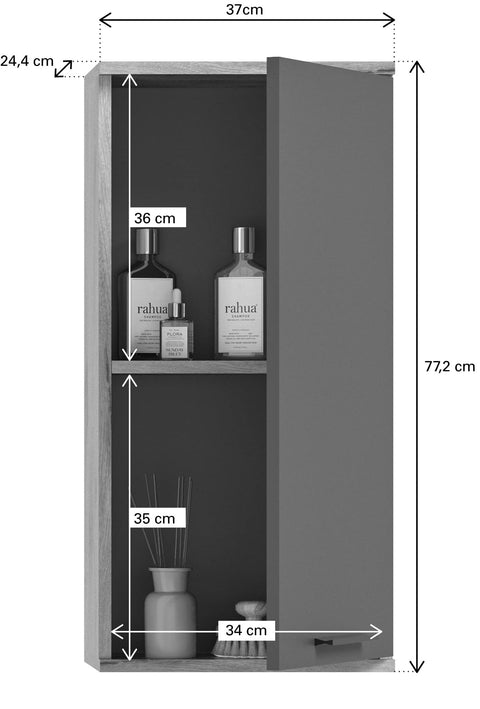 Rootz Wood Bathroom Wall Cabinet - Hanging Cabinet - Nox Oak Replica - Basalt Gray Front - FSC Certified - 37cm x 24cm x 77cm