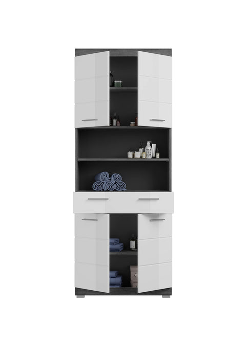 Rootz Scout Tall Cabinet - Bathroom Storage - Wood Material - White High-Gloss Fronts - Smoked Silver Body - 74cm x 191cm x 31cm