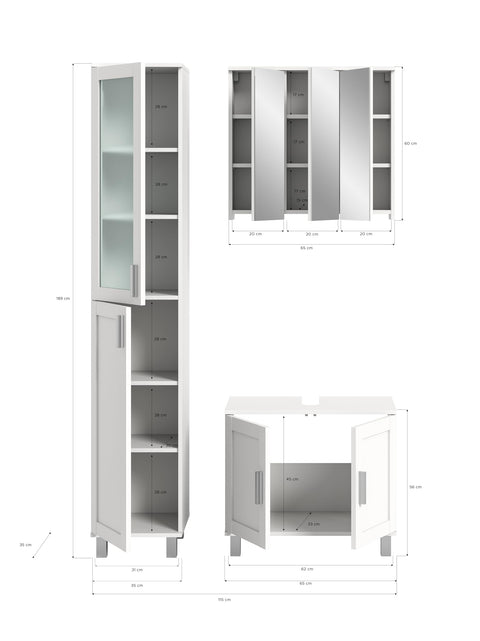 Rootz 2 Piece White Bathroom Furniture Set - Vanity - Sink Base Cabinet - Timeless Design - Modular - Sustainable - Approx. 65x188x35 cm