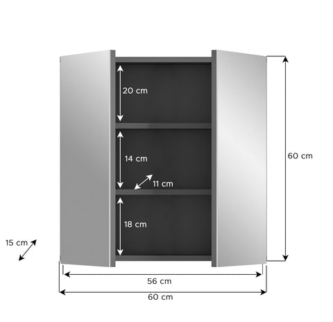 Rootz Mirror Cabinet - Front Mirror Surface Body Gray NB - Bathroom Cabinet - Approx. 60cm x 60cm x 15cm - Modern Design - Built-in Storage - High Quality Wood Material