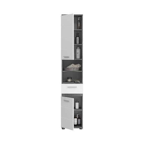 Rootz Blake Tall Cabinet - White High-Gloss Front, Smoke Silver Body - Modular Design - FSC Certified - 35cm x 191cm x 31cm