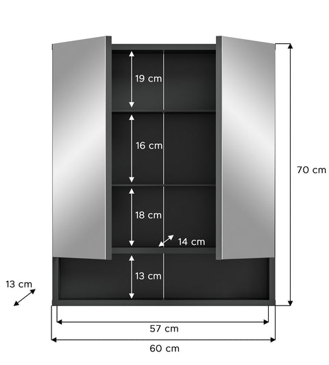 Rootz Bathroom Furniture - Lago Mirror Cabinet - White Matt Front - Gray Melamine Body - Sustainable - 60cm x 71cm x 18cm