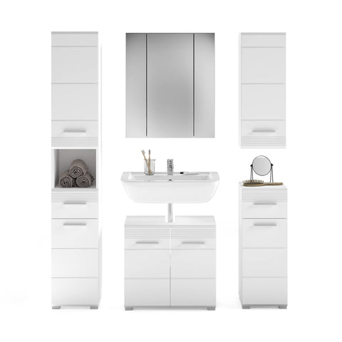 Rootz Bathroom Furniture Set - Wood Material - White Gloss Finish - Timeless Design - Modular - FSC Certified - Sink Cabinet, Mirror Cabinet, Wall Cabinet, Chest of Drawers - Easy Care - 4 Pieces