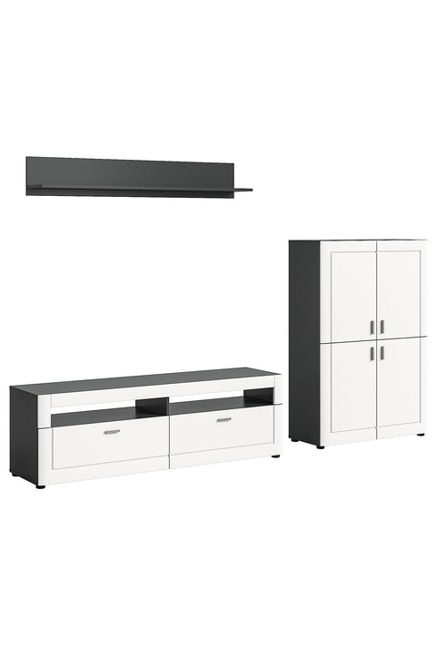 Rootz Wood 3-Piece Living Set - Grey/White Matt - Systematic Living - FSC Certified - Highboard - TV Lowboard - Wall Shelf - 120cm x 40cm x 180cm