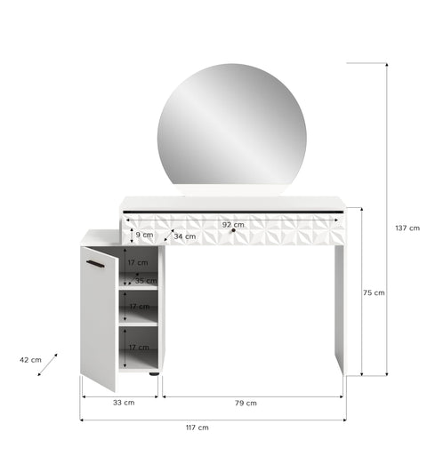 Rootz Prisma Dressing Table in White High Gloss - Desk - Cosmetic Table - 1 Door - 1 Drawer - Space-saving - 117cm x 138cm x 42cm