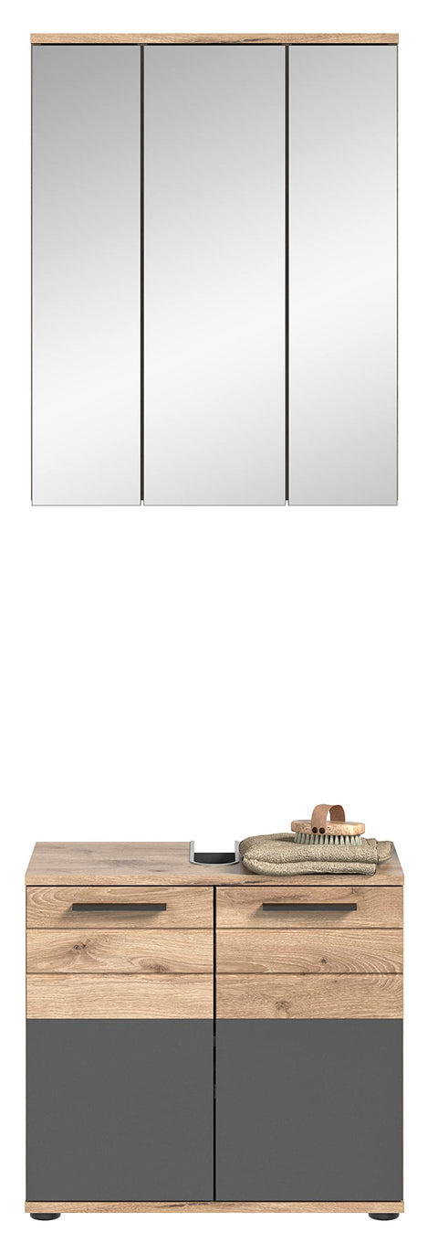 Rootz Bathroom Furniture Set - Vanity unit - 3 Piece Vanity Set - Wood material - Basalt Gray Replica - Nox Oak Replica - Dimensions: Medium