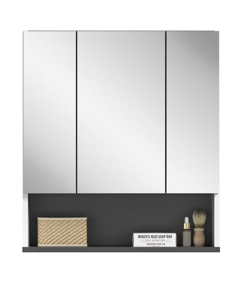 Rootz Rocket Mirror Cabinet - Bathroom Vanity - Wall-Mounted Organizer - Wood Material - White & Anthracite Gray Finish - 60cm x 68cm x 21cm
