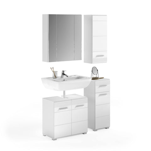Rootz Bathroom Furniture Set - Wood Material - White Gloss Finish - Timeless Design - Modular - FSC Certified - Sink Cabinet, Mirror Cabinet, Wall Cabinet, Chest of Drawers - Easy Care - 4 Pieces
