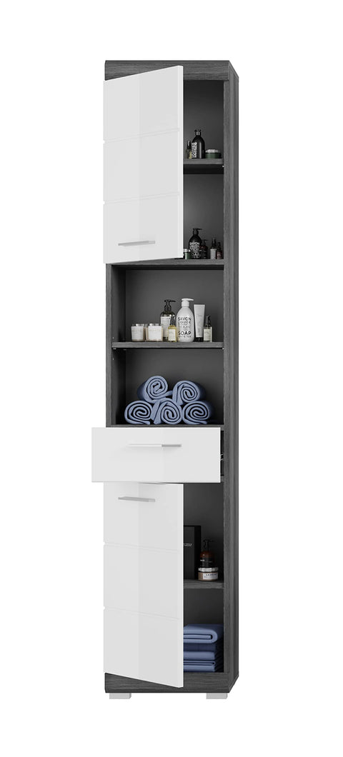 Rootz Scout Tall Bathroom Cabinet - Wood Material - White High-Gloss Fronts - Smoked Silver - 37cm x 191cm x 31cm
