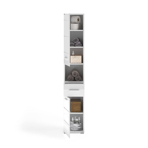 Rootz Linus Bathroom Tall Cabinet - Wood Material - White High-Gloss - Modular Furniture - 30 x 182 x 31 cm