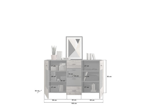 Rootz Freno Sideboard - Wood Material - Gray Replica - Nox Oak Replica - 160 x 90 x 40 cm - 2 Doors - 4 Drawers - 4 Shelves