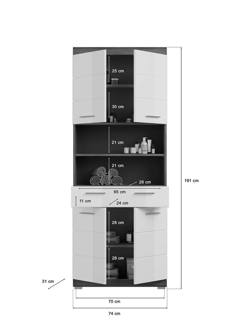 Rootz Scout Tall Cabinet - Bathroom Storage - Wood Material - White High-Gloss Fronts - Smoked Silver Body - 74cm x 191cm x 31cm