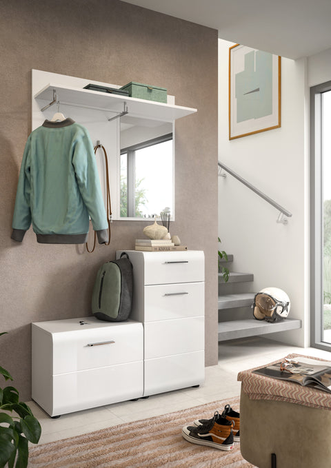 Rootz 4-Piece Wardrobe Set - Coat Rack - Entryway Set - Space-Saving Design - White Gloss 98cm x 191cm x 35cm