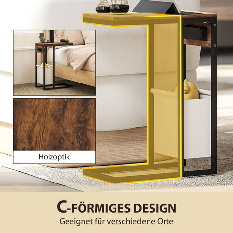 Rootz Side Table with Sockets - USB Connections - Industrial Bedside Stand - C-Shaped Design - 46cm x 25cm x 62.5cm