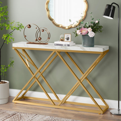 Rootz Faux Marble Console Table - Entryway Table - Foyer Table - Durable & Waterproof - 140 cm L x 30 cm W x 91.4 cm H