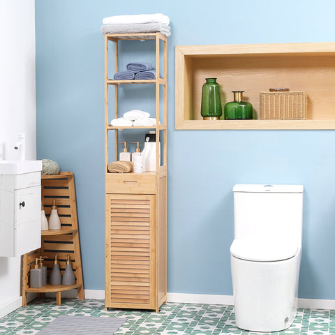 Rootz Bathroom Shelf - Storage Cabinet - Organizer Unit - Bamboo Construction - 3 Compartments, Drawer - 32 x 30 x 163 cm