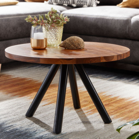 Rootz Modern Design Coffee Table - Round Table - Solid Wood - Metal Frame - Handcrafted - Protective Varnish - Anti-Slip Nubs - Sheesham Wood - 60cm x 60cm x 35cm