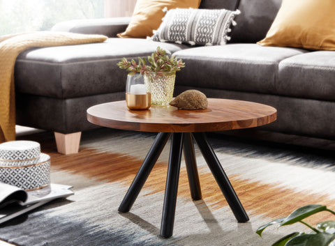 Rootz Modern Design Coffee Table - Round Table - Solid Wood - Metal Frame - Handcrafted - Protective Varnish - Anti-Slip Nubs - Sheesham Wood - 60cm x 60cm x 35cm